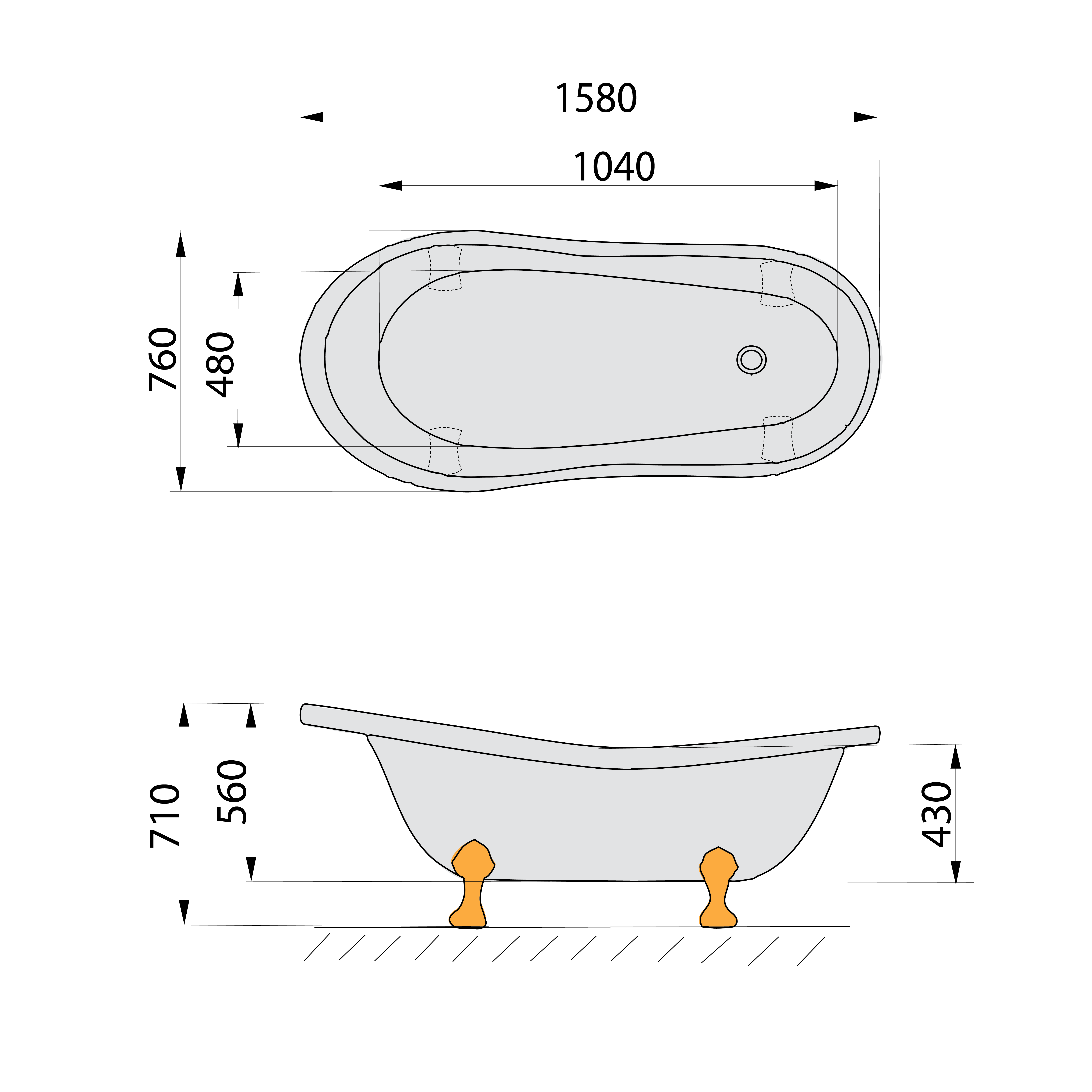 RETRO volně stojící vana 158x76x71cm, nohy bílé, bílá